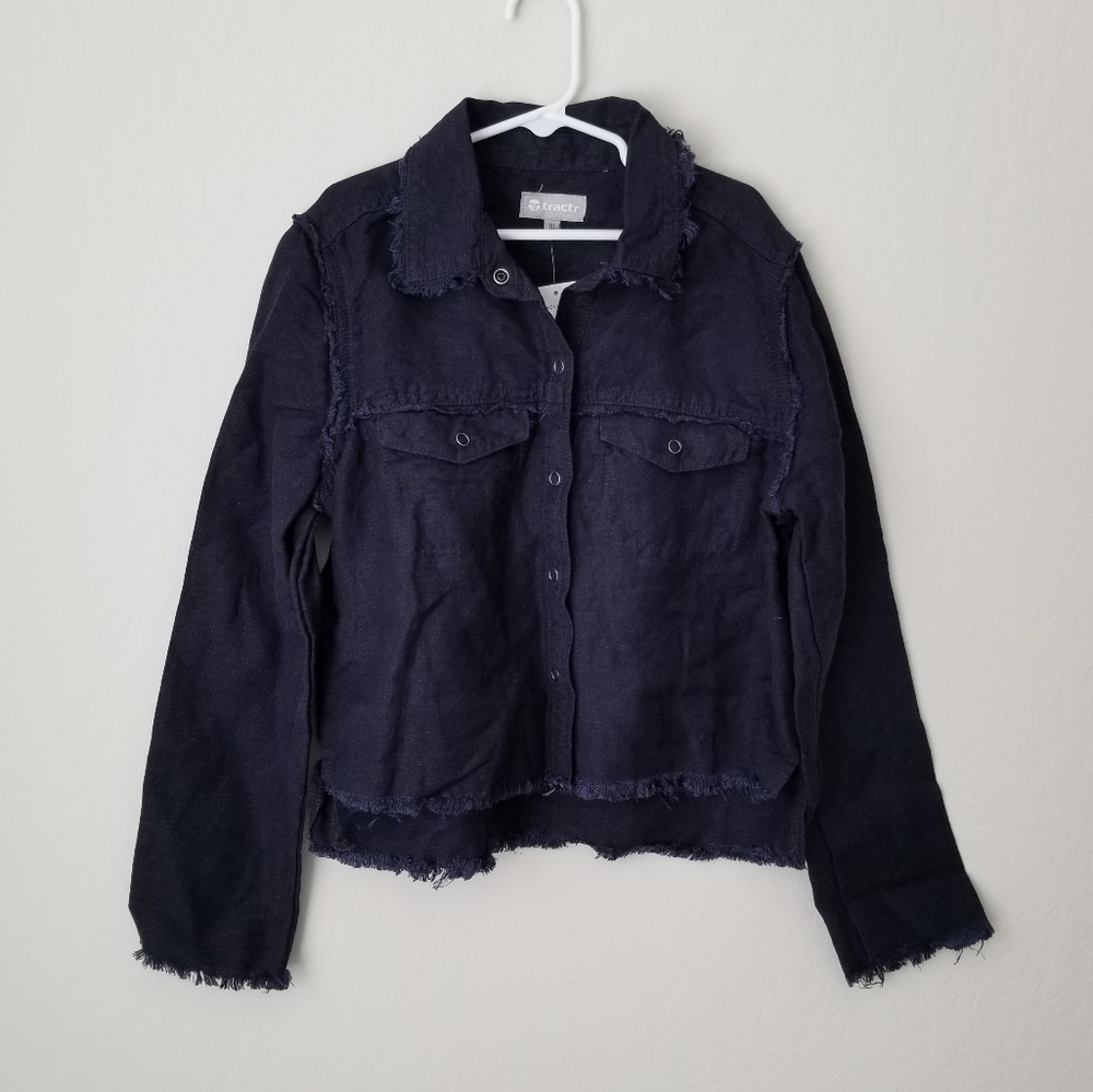 Tractr Youth Girl snap Button Jacket collar top oversized size XL shaket raw hem